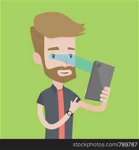 A hipster caucasian man with the beard using smart mobile phone with retina scanner. Young happy man using iris scanner to unlock his mobile phone. Vector flat design illustration. Square layout.. Man using iris scanner to unlock his mobile phone.