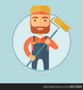 A hipster caucasian painter with the beard in uniform holding a paint roller in hands. Painter at work. Painter vector flat design illustration in the circle isolated on background.. Painter with paint roller vector illustration.