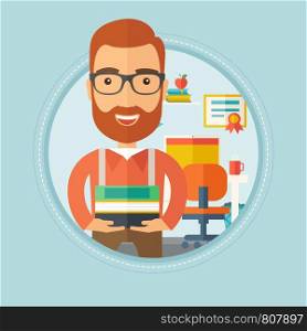 A hipster caucasian student with the beard holding a pile of books. Young smiling student with pile of books in hands at home. Vectr flat design illustration in the circle isolated on background.. Man holding pile of books vector illustration.