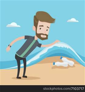 A hipster caucasian young man with the beard showing plastic bottles under sea wave. Concept of water pollution and plastic pollution. Vector flat design illustration. Square layout.. Man showing plastic bottles under sea wave.
