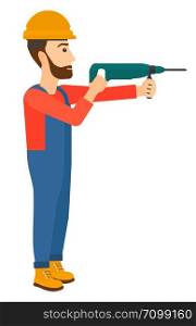 A hipster constructor with the beard drilling a hole using a perforator vector flat design illustration isolated on white background. Vertical layout.. Constructor with perforator.