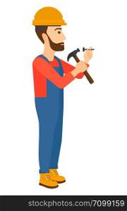 A hipster constructor with the beard hitting a nail with a hummer vector flat design illustration isolated on white background. Vertical layout.. Man hammering nail.