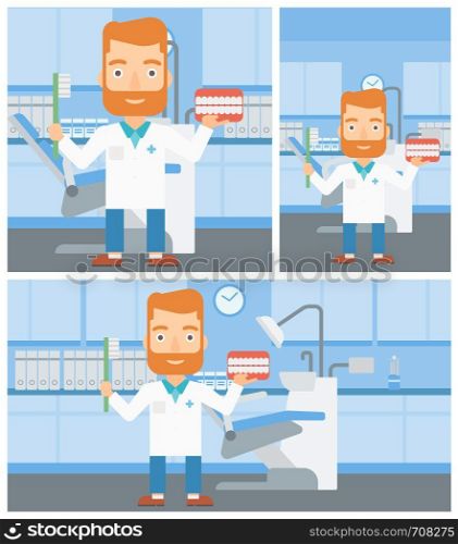 A hipster dentist with the beard holding dental jaw model and a toothbrush in doctor office. Vector flat design Illustration. Square, horizontal, vertical layouts.. Dentist with dental jaw model and toothbrush.