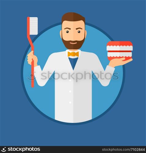 A hipster dentist with the beard holding dental jaw model and a toothbrush. Male dentist showing dental jaw model and toothbrush. Vector flat design illustration in the circle isolated on background.. Dentist with dental jaw model and toothbrush.