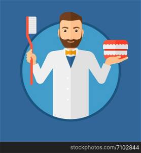 A hipster dentist with the beard holding dental jaw model and a toothbrush. Male dentist showing dental jaw model and toothbrush. Vector flat design illustration in the circle isolated on background.. Dentist with dental jaw model and toothbrush.