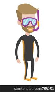 A hipster diver standing in diving suit, flippers, mask and tube. Young caucasian diver enjoying snorkeling. Diver ready for snorkeling. Vector flat design illustration isolated on white background.. Young scuba diver vector illustration.