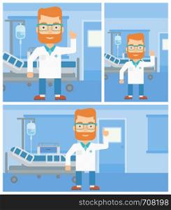 A hipster doctor in medical gown showing finger up while standing on the background of hospital ward. Vector flat design Illustration. Square, horizontal, vertical layouts.. Doctor showing finger up.