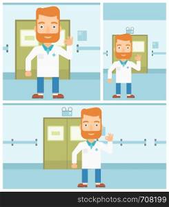 A hipster doctor in medical gown showing ok sign in the hospital corridor. Vector flat design Illustration. Square, horizontal, vertical layouts.. Doctor showing ok sign.