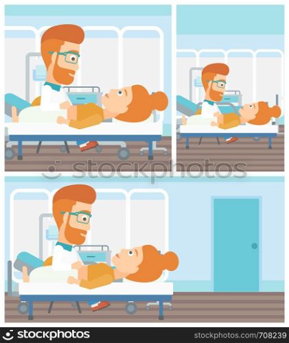 A hipster doctor with the beard touching abdomen of female patient. Woman on reception at doctor. Vector flat design Illustration. Square, horizontal, vertical layouts.. Doctor touching abdomen of female patient.