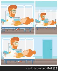 A hipster doctor with the beard touching abdomen of female patient. Woman on reception at doctor. Vector flat design Illustration. Square, horizontal, vertical layouts.. Doctor touching abdomen of female patient.