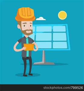A hipster engineer with the beard working on digital tablet at solar power plant. Young worker in hard hat checking solar panel setup. Vector flat design illustration. Square layout. Male worker of solar power plant.