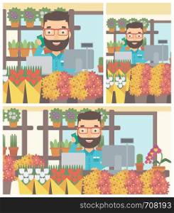 A hipster florist with the beard using telephone and laptop to take orders. A florist standing behind the counter at flower shop. Vector flat design illustration. Square, horizontal, vertical layouts.. Florist at flower shop vector illustration.