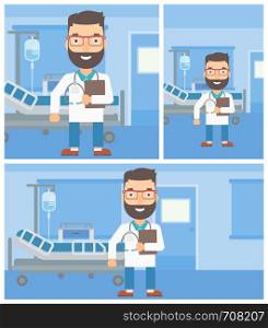 A hipster friendly doctor with stetoscope standing in hospital ward and carrying folder of patient or medical information. Vector flat design Illustration. Square, horizontal, vertical layouts.. Doctor with file in medical office.