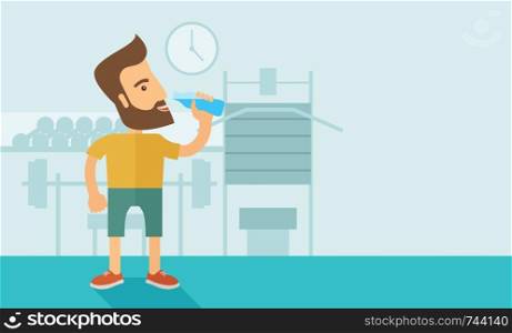 A hipster gentleman drink a bottle of energy drink before he start to exercise inside the gym. Healthy, fitness concept. A contemporary style with pastel palette soft blue tinted background. Vector flat design illustration. Horizontal layout with text sapce in right side.. Gentleman drink a bottle of water while inside the gym.