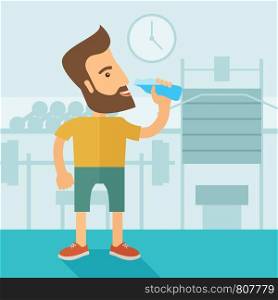 A hipster gentleman drink a bottle of energy drink before he start to exercise inside the gym. Healthy, fitness concept. A contemporary style with pastel palette soft blue tinted background. Vector flat design illustration. Square layout. . Gentleman drink a bottle of water while inside the gym.