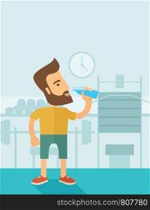 A hipster gentleman drink a bottle of energy drink before he start to exercise inside the gym. Healthy, fitness concept. A contemporary style with pastel palette soft blue tinted background. Vector flat design illustration. Vertical layout with text space on top part.. Gentleman drink a bottle of water while inside the gym.