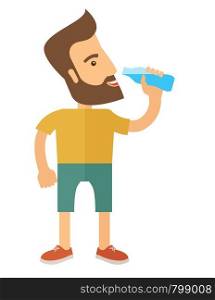 A hipster gentleman drink a bottle of energy drink. Healthy, fitness concept. A Contemporary style. Vector flat design illustration isolated white background. Vertical layout.. Gentleman drink a bottle of energy drink.