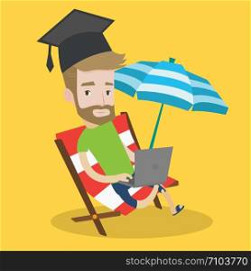A hipster graduate lying in chaise longue. Graduate in graduation cap working on laptop. Graduate studying on a beach. Concept of online education. Vector flat design illustration. Square layout.. Graduate lying in chaise lounge with laptop.