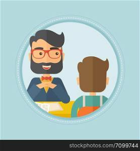 A hipster human resource manager talking with job applicant during interview for the vacant position. Employment concept. Vector flat design illustration in the circle isolated on red background.. Job applicant having interview for the position.