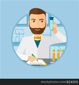 A hipster laboratory assistant with the beard taking some notes. Laboratory assistant working with a test tube at the lab. Vector flat design illustration in the circle isolated on background.. Laboratory assistant working.