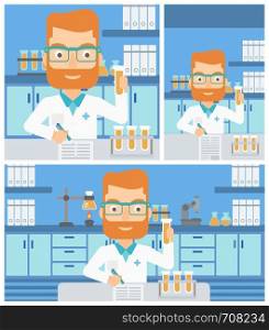 A hipster laboratory assistant with the beard taking some notes and working with a test tube at the lab. Vector flat design Illustration. Square, horizontal, vertical layouts.. Laboratory assistant working.