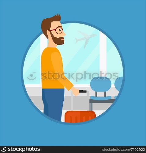 A hipster man at the airport with a suitcase. Man standing at the airport and looking through the window at the flying airplane. Vector flat design illustration in the circle isolated on background.. Man at the airport with suitcase.