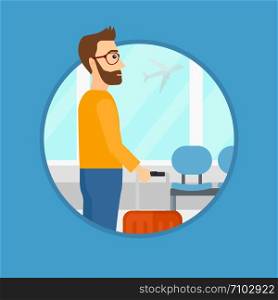 A hipster man at the airport with a suitcase. Man standing at the airport and looking through the window at the flying airplane. Vector flat design illustration in the circle isolated on background.. Man at the airport with suitcase.