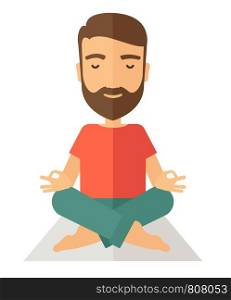 A hipster man doing yoga. A Contemporary style. Vector flat design illustration isolated white background. Vertical layout.. Man doing yoga.
