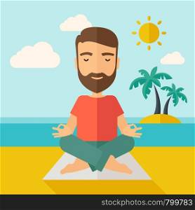 A hipster man doing yoga in the beach with his yoga pad under the sun. Contemporary style with pastel palette, soft blue tinted background with desaturated cloud. Vector flat design illustrations. Square layout.. Man doing yoga in the beach