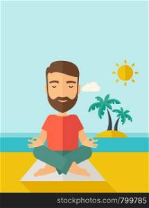A hipster man doing yoga in the beach with his yoga pad under the sun. Contemporary style with pastel palette, soft blue tinted background with desaturated cloud. Vector flat design illustrations. Vertical layout with text space on top part.. Man doing yoga in the beach