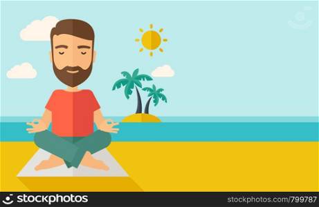 A hipster man doing yoga in the beach with his yoga pad under the sun. Contemporary style with pastel palette, soft blue tinted background with desaturated cloud. Vector flat design illustrations. Horizontal layout with text space in right side.. Man doing yoga in the beach