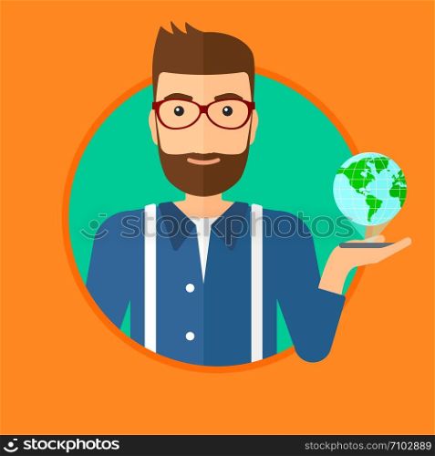 A hipster man holding a smartphone with a model of planet earth above the device. International technology communication concept. Vector flat design illustration in the circle isolated on background.. International technology communication.
