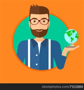 A hipster man holding a smartphone with a model of planet earth above the device. International technology communication concept. Vector flat design illustration in the circle isolated on background.. International technology communication.