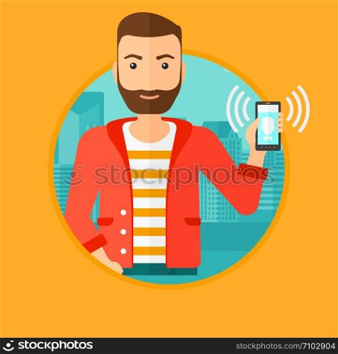 A hipster man holding ringing mobile phone on a city background. Young man answering a phone call. Man with ringing phone in hand. Vector flat design illustration in the circle isolated on background.. Man holding ringing mobile phone.