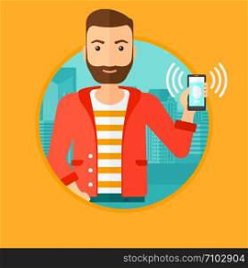 A hipster man holding ringing mobile phone on a city background. Young man answering a phone call. Man with ringing phone in hand. Vector flat design illustration in the circle isolated on background.. Man holding ringing mobile phone.