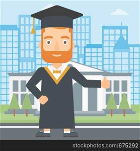 A hipster man in cloak and hat showing thumb up sign on the background of educational building vector flat design illustration. Square layout.. Graduate showing thumb up sign.