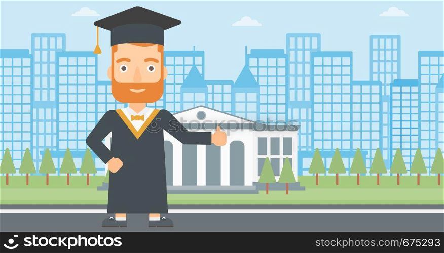 A hipster man in cloak and hat showing thumb up sign on the background of educational building vector flat design illustration. Horizontal layout.. Graduate showing thumb up sign.