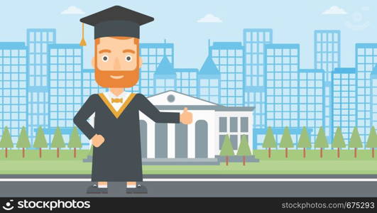 A hipster man in cloak and hat showing thumb up sign on the background of educational building vector flat design illustration. Horizontal layout.. Graduate showing thumb up sign.