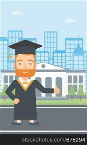 A hipster man in cloak and hat showing thumb up sign on the background of educational building vector flat design illustration. Vertical layout.. Graduate showing thumb up sign.