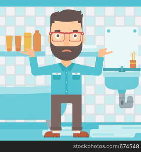 A hipster man in despair standing near leaking sink in the bathroom vector flat design illustration. Square layout.. Man in despair standing near leaking sink.