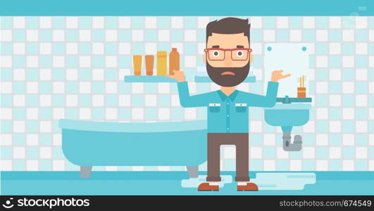 A hipster man in despair standing near leaking sink in the bathroom vector flat design illustration. Horizontal layout.. Man in despair standing near leaking sink.