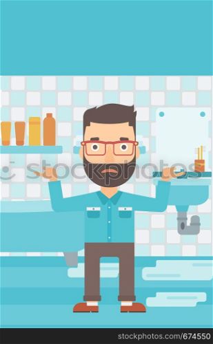 A hipster man in despair standing near leaking sink in the bathroom vector flat design illustration. Vertical layout.. Man in despair standing near leaking sink.