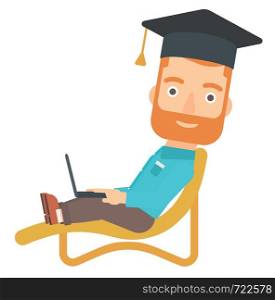 A hipster man in graduation cap lying in chaise long with laptop vector flat design illustration isolated on white background. . Graduate lying on chaise lounge with laptop.