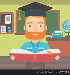 A hipster man in graduation cap with an open book in hands on the background of classroom vector flat design illustration. Square layout.. Man in graduation cap holding book.