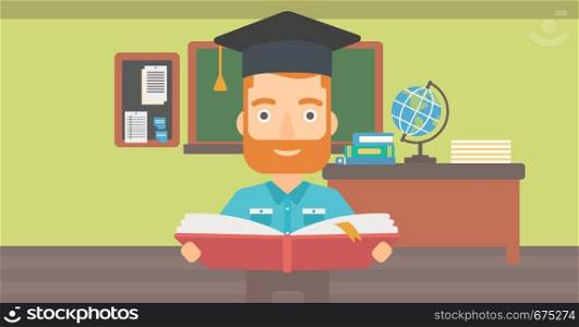 A hipster man in graduation cap with an open book in hands on the background of classroom vector flat design illustration. Horizontal layout.. Man in graduation cap holding book.
