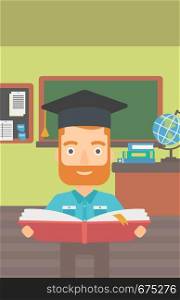A hipster man in graduation cap with an open book in hands on the background of classroom vector flat design illustration. Vertical layout.. Man in graduation cap holding book.