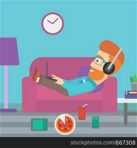 A hipster man in headphones lying on a sofa in living room with electronic devices and fast food vector flat design illustration. Square layout.. Man lying on sofa with many gadgets.