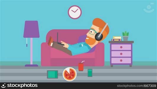 A hipster man in headphones lying on a sofa in living room with electronic devices and fast food vector flat design illustration. Horizontal layout.. Man lying on sofa with many gadgets.