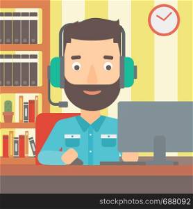 A hipster man in headphones sitting in front of computer monitor with mouse in hand on the background of living room vector flat design illustration. Square layout.. Man playing video game.