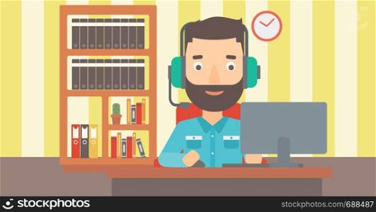 A hipster man in headphones sitting in front of computer monitor with mouse in hand on the background of living room vector flat design illustration. Horizontal layout.. Man playing video game.